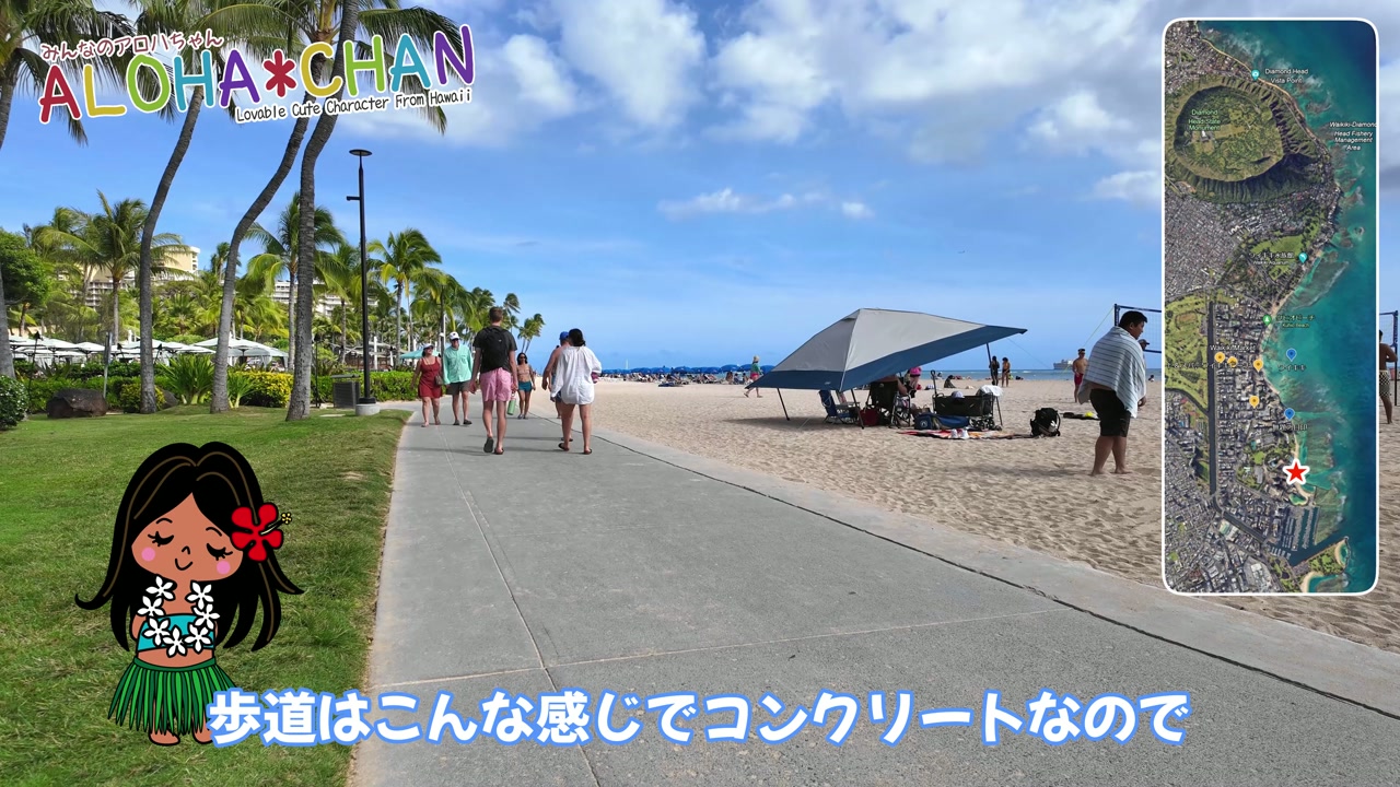 歩道はコンクリートで車椅子やベビーカーでも楽