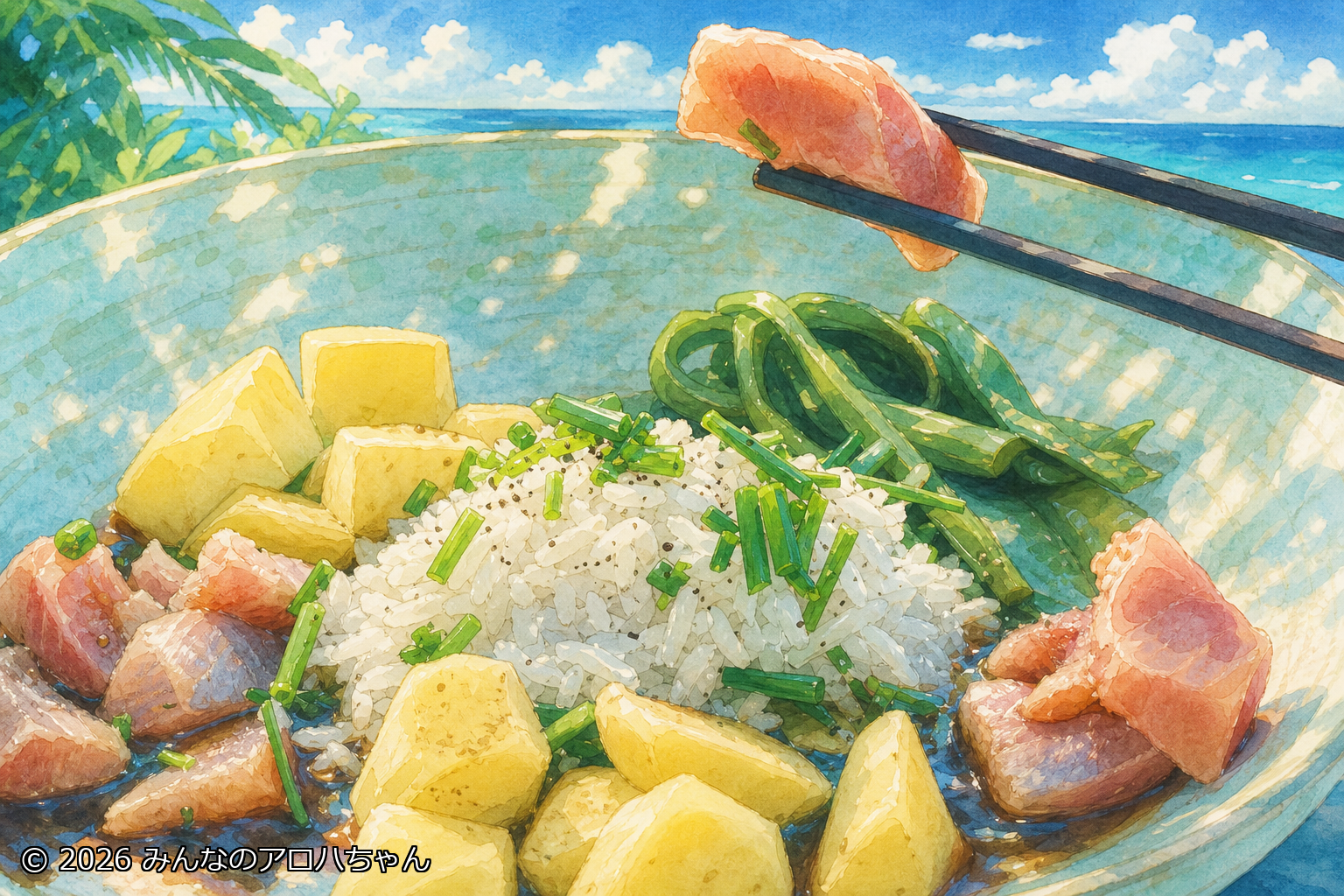 ビーチで食べるステーキプレート
