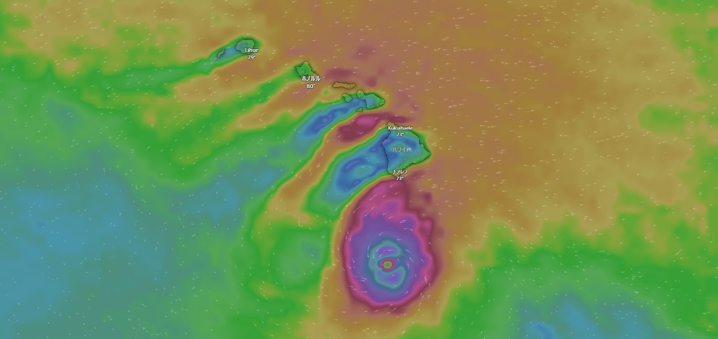 ハリケーン・ノロとハワイ諸島の風の予報図（Windy.com）