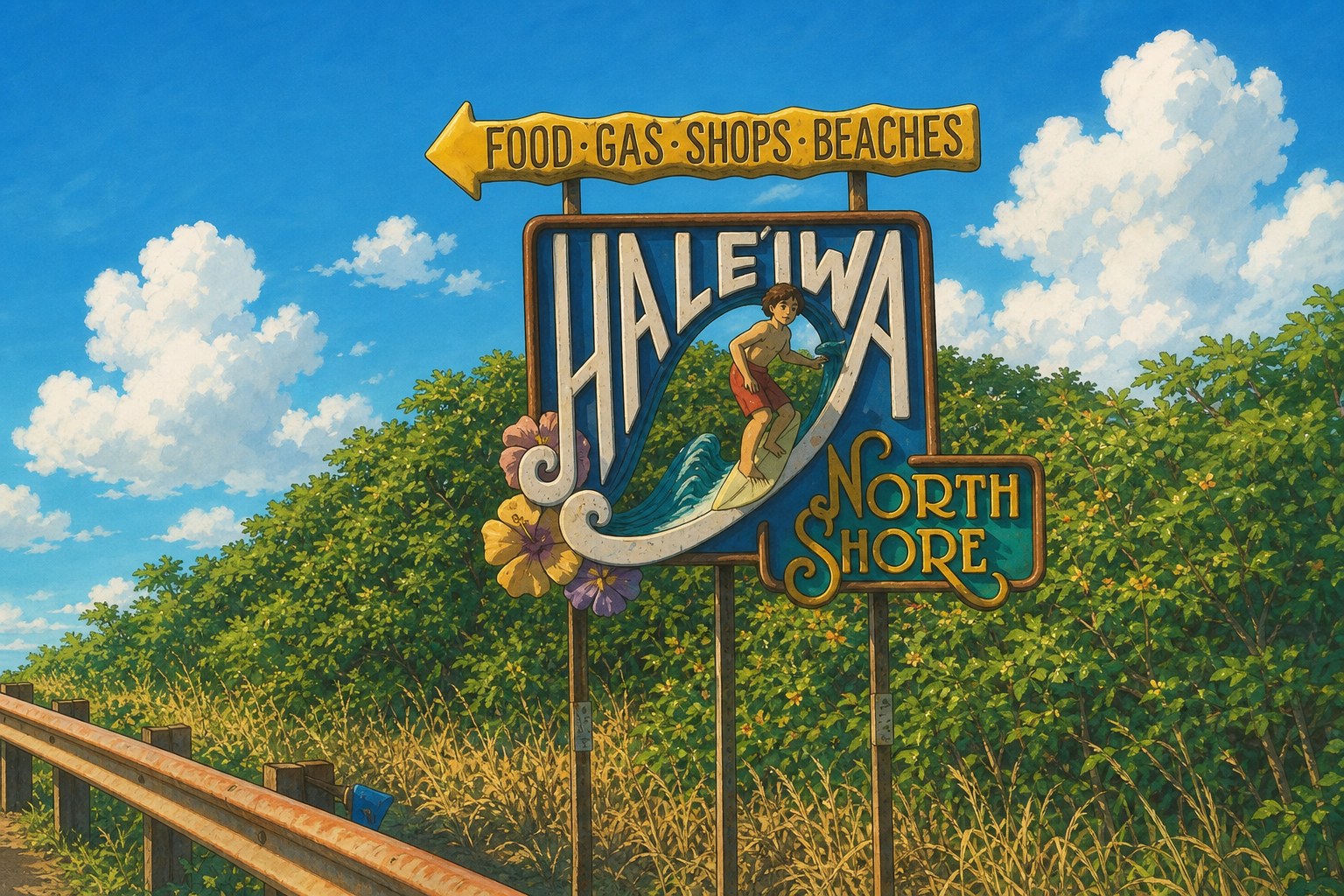 ハレイワの町の入口にある「HALEIWA NORTH SHORE」の看板のイラスト